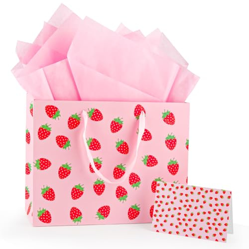 Tookala Rosa Papier Geschenktüte, 32 x 25 x 11 cm Erdbeer Geschenktüte Mädchen Girls, Geschenktasche mit Seidenpapier & Grußkarte, Tragetaschen für Geburtstag Baby Shower Hochzeit Frühling Party