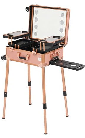 JJsdwin Kosmetikkoffer, Schminkkoffer mit Ausziehbare Ablagen und Verstellbare Beine, Profi-Schminkstation für Friseur und Make-up-Studios, max. Tragfähigkeit 50kg | Rose Gold