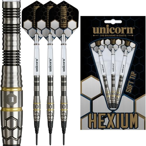 Unicorn Hexium 90% Tungsten Black Bomb/Spring Onion Front-Loaded Barrels mit Goldringen | Soft Tip Darts-Set | Epic Points | 21g, 22g oder 23g