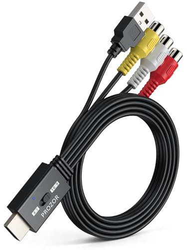 PROZOR RCA to HDMI Converter 1080P 60Hz for Wii PS2 N64 VCR 4:3/16:9 Switch | RCA Female Input, Built-in 2ft Cable, 1080P RCA to HDMI, 4:3/16:9 Switch, PAL/NTSC/SECAM, USB Cable Incl, Plug & Play