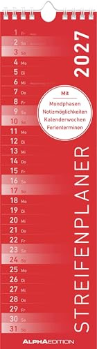 Streifenplaner Mini ROT 2027: schmaler Wandkalender 9,5x33 cm mit farblich markierten Wochenenden, Feiertagen & Mondphasen, ideal für Haushalt, Familie & Büro