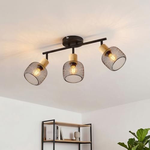 ANWIO Deckenstrahler 3 Flammig Schwarz – Deckenlampe Holz E14 – Deckenlampe Esszimmer für Wohnzimmer, Büro & Flur (Ohne Leuchtmittel)