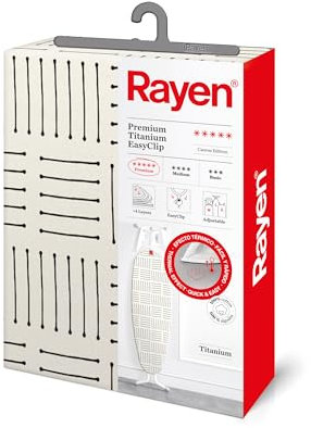 Rayen | Housse pour table à repasser | 4 épaisseurs: mousse, molleton, tissu qualité canevas et titane | Housse à revêtement en titane | Gamme Premium | 130x47 cm | Blanc/Rayures