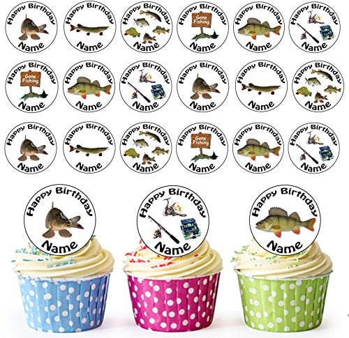 AK Giftshop Fishing Mix 24 Personalised Edible Cupcake Toppers/Birthday Cake Decorations - Easy Precut Circles