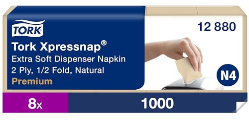 Tork Xpressnap Extra Soft Natur Spenderserviette N4, Premium, 1/2-Falz 2-lagig, 21,3 cm x 16,5 cm, 8 × 1.000 Servietten, 12880