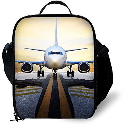 ANYFOCUS 3D Airplane Print Kids Lunch Bag Durable Insulated Lunchbox Small Black Lunch Box for Children Boys Girls Customized Cooler Bag with Adjustable Shoulder Strap