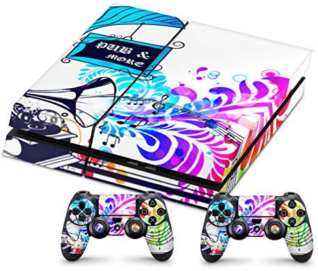 Skins4u Design Aufkleber Skin Schutzfolie kompatibel mit PlayStation 4 PS4 + 2 Controller Skins Grammophon