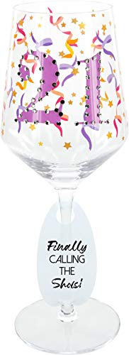 Pavilion Gift Company 21 Finally Calling The Shots Weinglas mit Stiel, mit Schmucksteinen, Zahl und Konfetti-Muster, mit Geschenkbox, 482 ml, Rosa