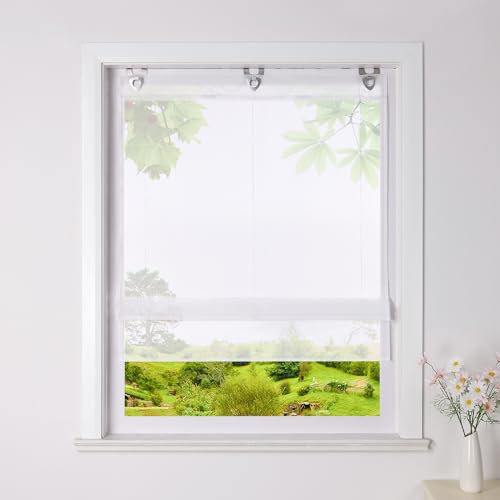 Heichkell Voile Raffrollo ohne Bohren Transparente Raffgardine mit U-Haken Unifarbiges modernes Ösenrollo Weiß H*B 150 * 60cm