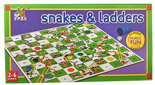 Snakes & Ladders Board Game for Kids & Adults – Classic Family Game for 2–6 Players – Includes Dice, Shaker & 6 Counters – Foldable 35cm x 35cm Board – Snakes and Ladders Board Game for Kids Age 3+