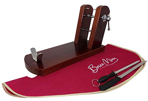 BRICOMIRAS - Jamonero Rioja Home | Incluye: Cuchillo, Chaira, Funda Cubrejamón | Madera de Pino, Acero Cromado | Base Antideslizante, Nogal, Burdeos