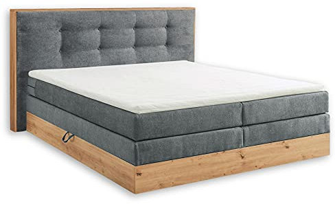 Stella Trading PRESTON 6 Boxspringbett 180x200 mit Bettkasten, Dunkelgrau / Artisan Eiche Optik - Bequemes Doppelbett mit 7-Zonen Federkern Matratze und Topper - 205 x 114 x 213 cm (B/H/T)