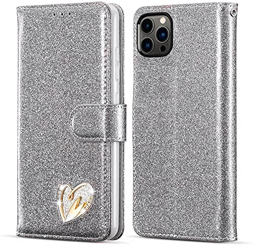 KP TECHNOLOGY Case for iPhone 13 Pro, Premium Shiny Bling Glitter Loving Heart Book Flip Stand Wallet Card Phone Case for iPhone 13 Pro (SILVER)