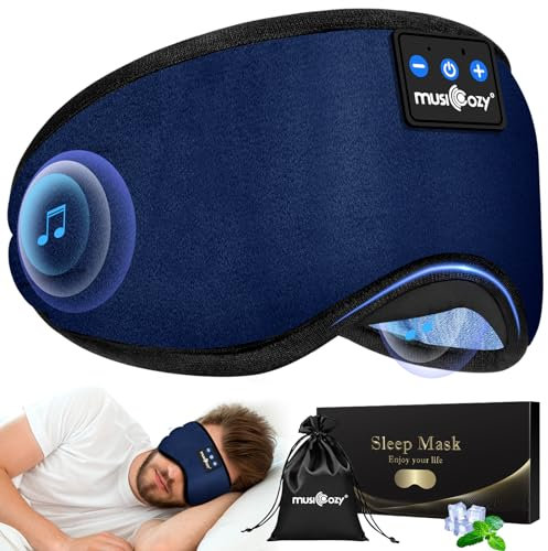 Schlafkopfhörer Bluetooth-Augenmaske für Seitenschläfer, Musicozy Schlafmasken-Kopfhörer mit integriertem Mikrofon und Lautsprechern, weiche Schlafhilfemaske für Reisen/Nickerchen (Blau)