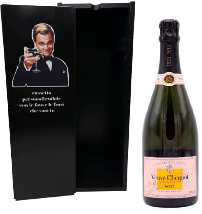 Elegante cassetta da Champagne Magnum 1,5 Litri in legno laccato nero, Personalizzabile sia con testo che con foto, Ottima ed Esclusiva idea regalo (Veuve Clicquot Rosè)