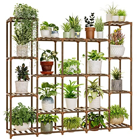 Bamworld Großes Pflanzenregal Indoor Pflanzenregal Outdoor Hoch Holz Pflanzenhalter für Wohnzimmer Mehrere Pflanzen Terrasse Balkon Garten 17 Töpfe
