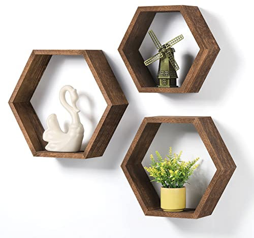 YBING 3er-Set Schwebendes Sechseck-Regal Wandregal, Schweberegal Hexagon aus Holz, Wand-Dekorationsregal, Waben-Aufbewahrung Hängeregale für Wanddeko in Bauernhaus, Wohnzimmer, Schlafzimmer, Braun