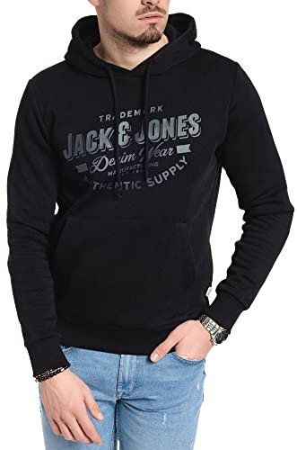 JACK & JONES Herren Hoodie Pullover mit Kapuze Sweatshirt Kapuzenpullover für Männer aus Baumwolle mit Logo/Auswahl an Designs und Farben (Black Corvin/605 S)