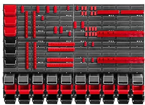 KADAX Étagère murale d'atelier, 116 x 78 cm, système de stockage en plastique robuste, étagère d'atelier résistante aux UV, panneaux muraux extensibles, étagère pour garage, (rouge et noir, 80 pièces)
