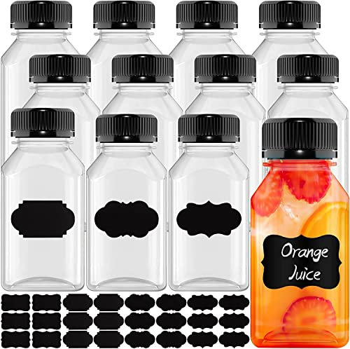12Pcs 4 oz Keine Flaschen, Saft Plastik Shot Flaschen Set, Weithals zum Entsaften, Getränkeaufbewahrung, Klarer Kunststoff mit Kappen und Etikett, Wiederverwendbare Auslaufsichere Gläser zum Entsaften