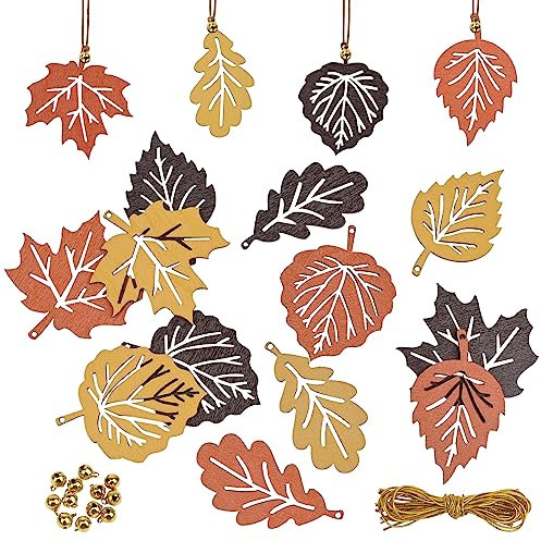 FORMIZON 12er Set Anhänger Blatt Herbst Deko, Holz Blatt Anhänger, Herbstanhänger Blätteranhänger, mit Seil und Glocke, Holz Herbst Deko, Ahornblatt Eichenlaub Holz, Erntedankfest Herbst Dekoration