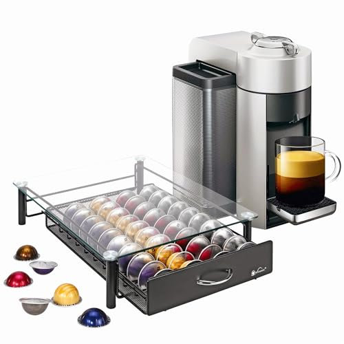 Vinsani Coffee Capsule Storage Drawer Tray Space Saving Coffee Pod Holder for 40 Nespresso Vertuo Vertuoline Organiser Smooth Drawer Action with Tempered Glass Top Machine Stand