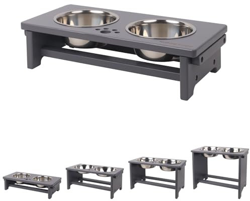 Raised Dog Bowls For Small Dogs, Dog Bowls With Stand, Dog Bowl Stand Bamboo With 2 Stainless Steel Bowls By Nothing Burger(Grey)