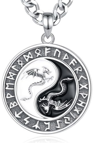 INFUSEU Yin Yang Drachen Kette, 925 Sterling Silber Yin und Yang Anhänger Huang Aobao Guan Yin Schmuck Wikinger Freundschaft Halsketten Schmuck Geschenke für Männer Frauen