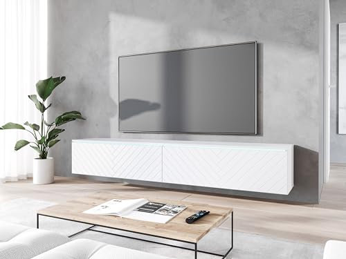 MINIO - TV Stand Cabinet with LED DONNA, TV Unit 180 cm Wide, Standing or Hanging TV Lowboard, Laminated Chipboard, Practical and Functional - White/Front white/Herringbone pattern