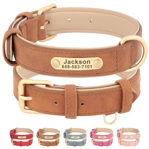 Beirui Personalised Dog Collar with Name Plate, Custom Pet Collar with Name and Phone Number, Padded PU Leather Dog Collar with Metal Buckle for Small Middle Large Dogs,Brown,XL