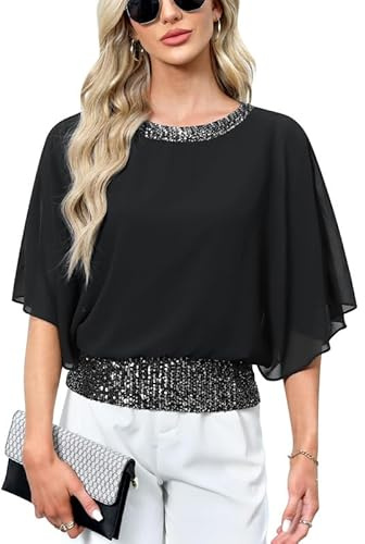 Women Dressy Top Wedding Cocktail Chiffon Sequin Sparkly Party Evening Elegant Glitter Beaded Shimmery Bling Black L