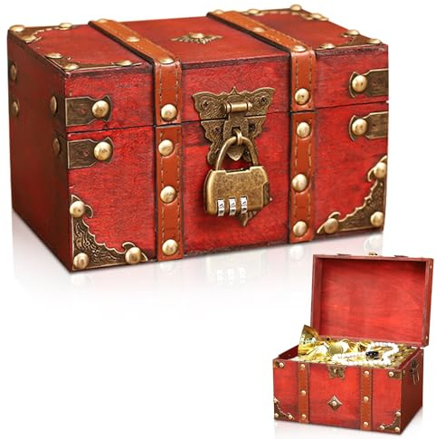 WANDGU Vintage Schatztruhe mit Zahlenschloss: Holz Schatztruhe Klein Piratenschatztruhe, Schmuckkästchen mit Deckel Schatztruhe Kindergeburtstag, Spardose mit Schloss, Handgemacht Geschenk