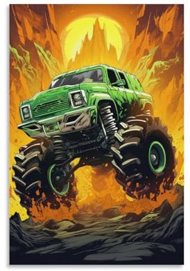FOCCAR Leinwandbild, Motiv: grüner Monster-Truck, Wanddekoration für Wohnzimmer, Cartoon, cooles Extrem-Rennen, hängende Bilder, Wandkunst