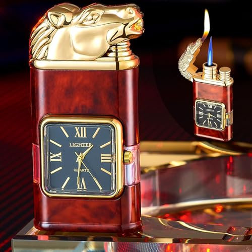 Winddichtes Feuerzeug, Vintage-Uhren-Lünette, Jet-Flammen-Fackel, neues Vintage-Uhren-Feuerzeug, Dual-Flammen-Design, nachfüllbar, Butan, Pferd, Tiger, Drache, Adler, Fackel-Feuerzeuge for den Außenbe
