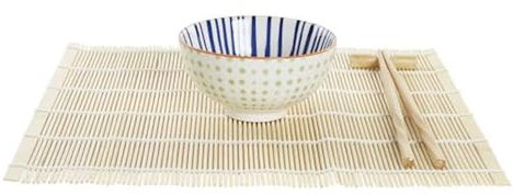 BIBIHOME – Ottimo Set sushi da 16 pezzi (per 4 persone) in porcellana e bamboo: 4 ciotole in porcellana fantasia, 8 bacchette bamboo, 4 poggia bacchette in bamboo, 4 tovagliette di Item International