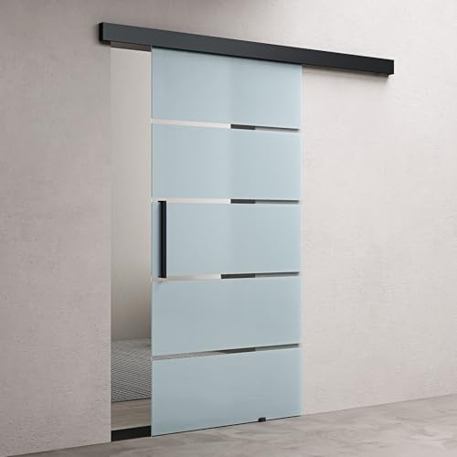 doporro Glasschiebetür Komplettset Softclose 77,5x205cm Milchglas-Streifen | 15mm Wandabstand | Schiebetür mit 8mm ESG-Sicherheitsglas | Zimmertür Glas mit Schwarz Stangengriff | Amalfi-plus 13