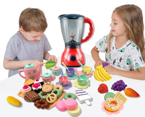 Sobebear Kids Mixer Juicer Set and Tea Party Pretended Simulation Playset Realistic Sounds & Lights Includes Cakes & Tea Accessories-Kitchen Appliance Toys Realistic Feature for Boys & Girls Ages 3+