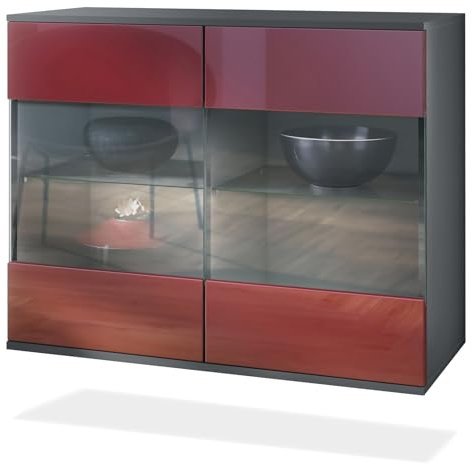 Vladon Kommode Bari V3, Moderner Küchenschrank mit 2 großen Glastüren inkl. RGB Beleuchtung Anthrazit matt/Bordeaux Hochglanz (92,5 x 73.5 x 35)