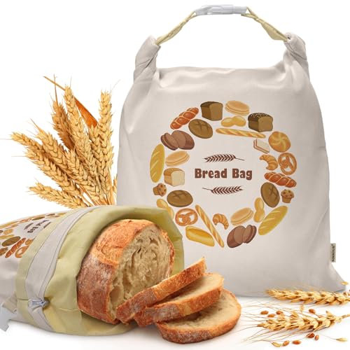 Large Linen Beeswax Bread Bags(2 Pack) Sourdough Bread Bags Reusable Bread Bags Double-Lock Freezer Bread Bag Bread Container Gift Giving for Homemade Bread,Loaf,Sourdough,Food (Colorful Patterns)
