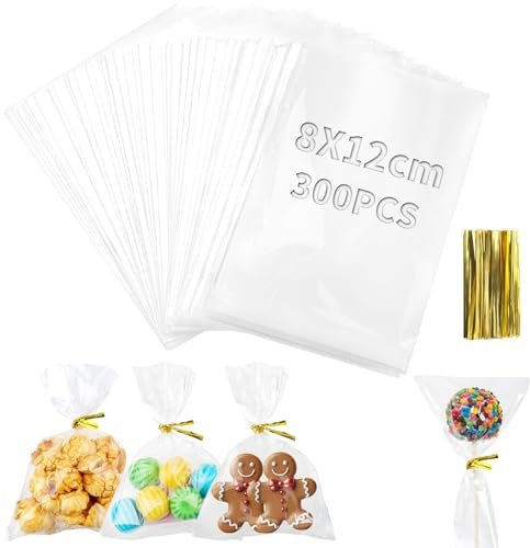 TXXATX 300 Stück Süßigkeiten Tüten Cellophantüten Klar 12x8 cm Durchsichtige Tüten Kleine Kekstüten Zellophantüten Plastiktüten Geschenkbeutel mit Krawatten für Bonbon Brot Schmuck Hochzeit Party