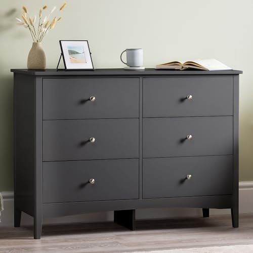Christow Black Chest Of Drawers, 6 Drawer Storage Organiser Unit, Modern Wooden MDF Bedroom Cabinet Furniture, Living Room Hallway, Brushed Chrome Handles, Smooth Glide Runners (H70cm x W80cm x D40cm)