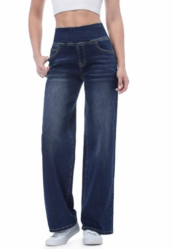 Chasehot Jean Femme,Taille Haute Coupe Droite Straight Jeans,Mode Baggy Jambes Jean,Large Pantalon Femme,Taille Elastique Jean avec 4 Poches,Indigo Foncé-L