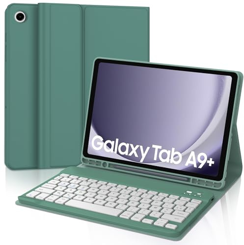 JADEMALL Coque Clavier pour Samsung Galaxy Tab A9+/A9 Plus 11 2023, AZERTY Clavier Bluetooth Magnétique Détachable pour Tablet Samsung A9+/A9 Plus 11 SM-X210/X216/X218, Vert foncé