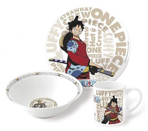 joojee GmbH One Piece Zoro Luffy - Juego de desayuno (3 piezas: cuenco, taza, plato), diseño de dibujos animados, cerámica, apto para lavavajillas
