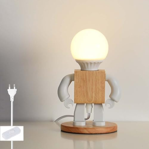 AoLa Roboter Tischlampe Holz mit Schalter Nachttischlampe Moderne E27 Kreative Roboter Design Tischleuchte mit Stecker und Kabel Kinderzimmer Deko Lampe Nachtlicht für Kinder Schlafzimmer Büro