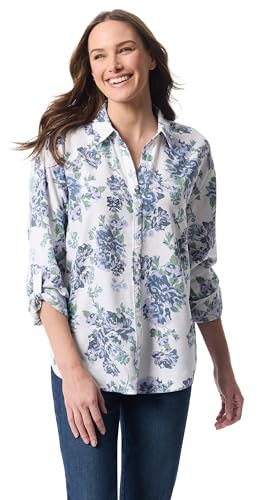 Gloria Vanderbilt Women's Amanda Oversized Button Down Shirt with Roll-tab Sleeves Standard, Multi White- Oleander Garden, XS