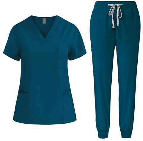 EMATOP Medizinische Uniform Set Damen Medical Schrubb-Set Zweiteiler Business Kasack und Hose Outfit Einfarbig Lässig Pflege Berufsbekleidung 2-Teilige Oberteil Schlupfhose Arbeitskleidung
