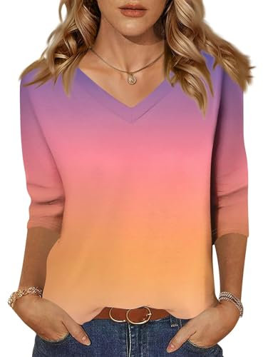 Liquette Femme Chic,T-Shirt Femme À Manches Longues, Col V, Tie-Dye Coloré, Style Décontracté Et Confortable(05-Rose Pâle,L)
