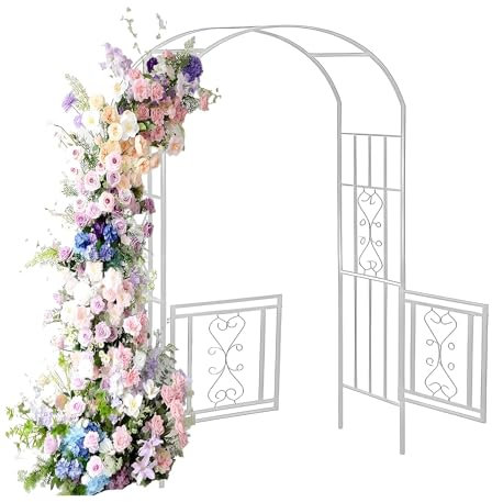 Rosenbogen Torbogen Rankhilfe Pergola Spalier mit Tür, Metall-Hochzeitsbogen für Zeremonien, Stahlbogen für Rosen, Ranken und Kletterpflanzen, Perfekt für Terrasse, Rasen und Garten(Weiß)