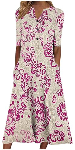 Midi Dresses for Women UK Short Sleeve V Neck Button Floral Dress Summer Casual Loose Fit Long Dresses with Pockets Comfy Lounge T Shirts Dress Beach Holiday Plus Size Elegant Sundress Sale